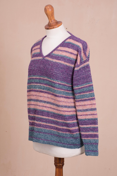 Baby alpaca blend pullover sweater, 'Mesa Sunrise' - Multi-Color Stripe Alpaca Blend Long Sleeve V-Neck Sweater