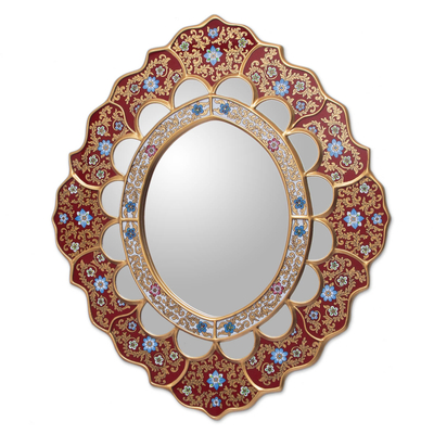 Mirror, 'Golden Rays' - Unique Reverse Painted Glass Mirror from Peru
