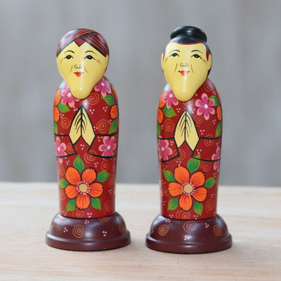 Mahogany toothpick holders, Elderly Friends in Red (pair)