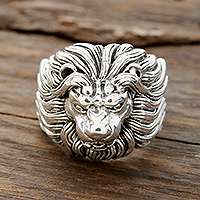 Men's sterling silver ring, 'King's 'Roar - Men's Sterling Silver Lion Ring from India