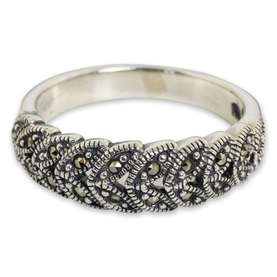 Marcasite cocktail ring, 'Olive Garland' - Handcrafted Marcasite and Sterling Silver Cocktail Ring