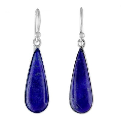 Lapis lazuli dangle earrings, 'Morning Raindrops' - Lapiz Lazuli & Sterling Silver Dangle Earrings from Thailand