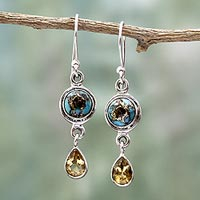 Citrine dangle earrings, 'Sunny Droplets' - Two Carat Citrine Dangle Earrings from India