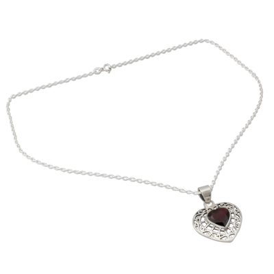 Garnet heart necklace, 'Mughal Romance' - Garnet and Silver Heart Pendant Necklace