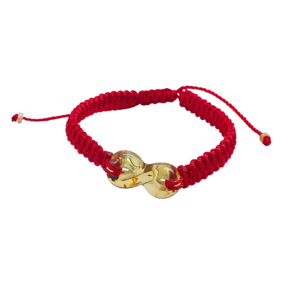 Amber pendant wristband bracelet, 'Infinite Mystery' - Amber Infinity Pendant Bracelet with Red Macrame