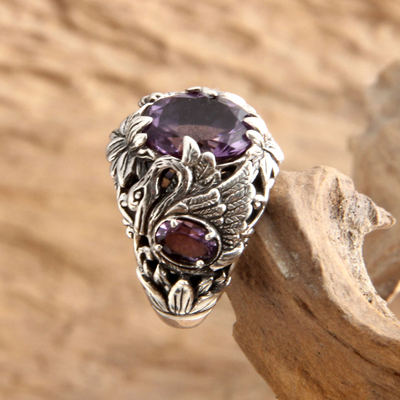 Amethyst cocktail ring, 'Dancing Swan' - Amethyst and Garnet Cocktail Ring