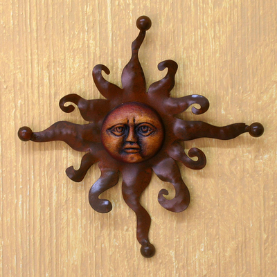 Iron and ceramic wall adornment, 'Eternal Sun' - Sun Portrait Steel and Ceramic Wall Art