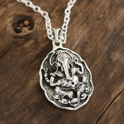 Sterling silver pendant necklace, 'Ganesha Frame' - Sterling Silver Ganesha Pendant Necklace from India