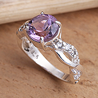 Amethyst solitaire ring, 'Must Be Love' - Amethyst and Quartz Sterling Silver Ring