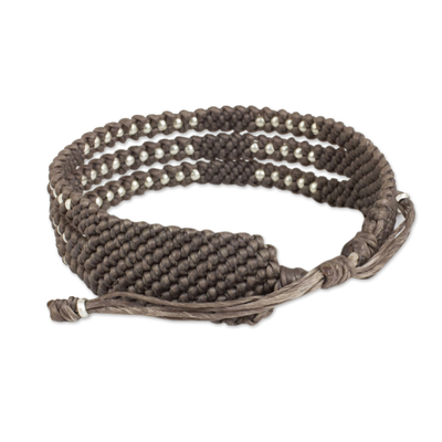 Silver accent wristband bracelet, 'Starlight and Khaki' - Wristband Bracelet in Macrame with Silver 950 Beads