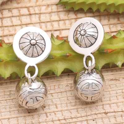 Sterling silver dangle earrings, 'Longevity Ball' - Sterling Silver Post Earrings from Bali
