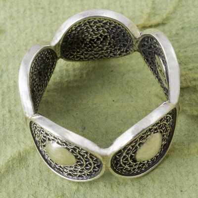 Sterling silver filigree band ring, 'Bold Shadow Warrior' - Dark Sterling Silver Filigree Band Ring Crafted in Peru