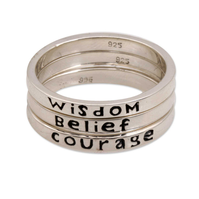 Sterling silver stacking rings, 'Wisdom Belief Courage' (set of 3) - 3 Inspirational Balinese Sterling Silver Stacking Rings