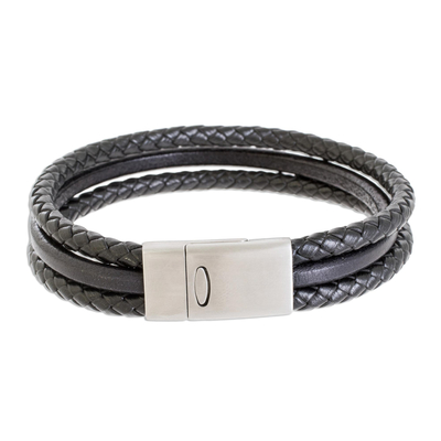 Men's Leather Cord Bracelet in Black from Costa Rica - Masculine ...