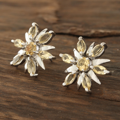 Rhodium plated citrine button earrings, 'Scintillating Stars' - Rhodium Plated Faceted Citrine Button Earrings from India