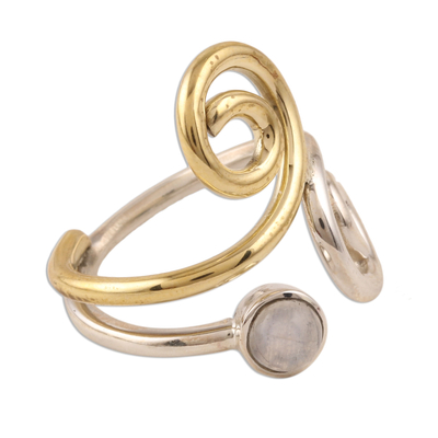 Rainbow moonstone band ring, 'Curling Union' - Rainbow Moonstone Ring with Sterling Silver and Brass