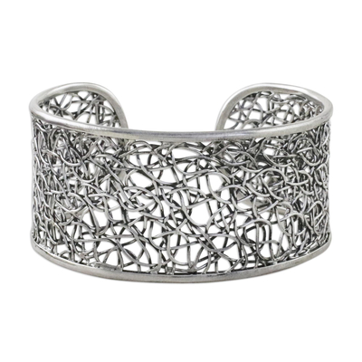 Sterling silver cuff bracelet, 'Hedge Maze' - Wide Silver Cuff Bracelet Hand Made in Thailand
