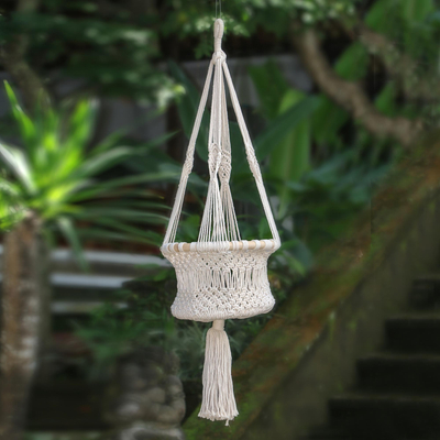 Cotton hanging planter, 'Saroka Rose' - Hand Woven 100% Cotton Hanging Planter from Indonesia