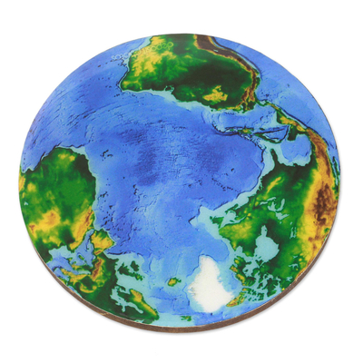 Wood coasters, 'Round Earth' (set of 5) - 5 Round Laminated Wood Coasters of Earth from India