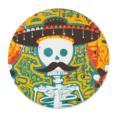 Decoupage wood coasters, 'Mustachioed Skull' - Day of the Dead Decoupage Pinewood Coasters from Mexico