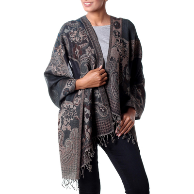 Jamawar wool shawl, 'Subtle Splendor' - Teal and Grey Tone India Jamawar Replica Wool Shawl