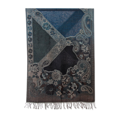 Jamawar wool shawl, 'Subtle Splendor' - Teal and Grey Tone India Jamawar Replica Wool Shawl