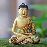 Wood statuette, 'Buddha in Meditation' - Hand Made Wood Sculpture