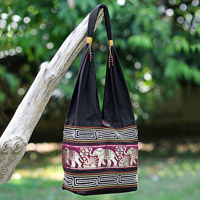 Cotton blend shoulder bag, 'Thai Elephants in Burgundy' - Cotton Blend Shoulder Bag Black Burgundy Elephants Thailand