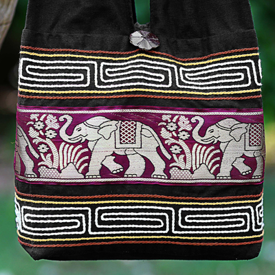 Cotton blend shoulder bag, 'Thai Elephants in Burgundy' - Cotton Blend Shoulder Bag Black Burgundy Elephants Thailand