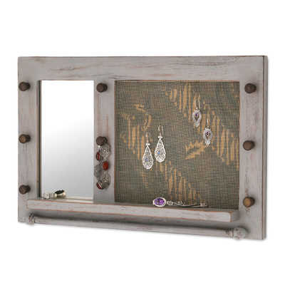 Espejo de pared de madera y joyero. - Espejo de pared de madera hecho a mano y estante de joyería Gris Indonesia