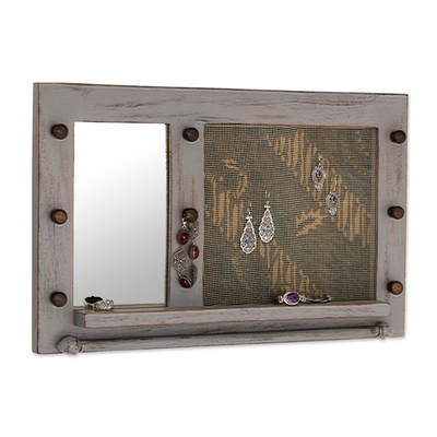 Wood wall mirror and jewelry rack, 'Bali Heritage in Grey' - Hand Made Wood Wall Mirror and Jewelry Rack Grey Indonesia