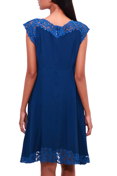 Rayon dress, 'Azure Kirana' - Embroidered Rayon Fit & Flare Dress in Azure from Bali