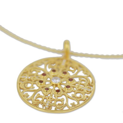 Gold plated garnet pendant necklace, 'Sparkling Vines in Red' - Artisan Crafted Gold Plated Garnet Indian Pendant Necklace