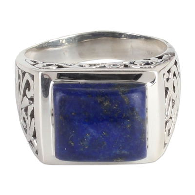 Lapis lazuli single stone ring, 'Gracious Blue' - Sterling Silver Lapis Lazuli Ring with Nature Motif