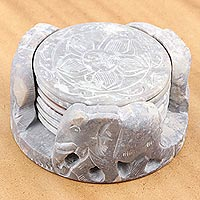 Marble coasters, 'Elephant Rose' (set for 6) - Fair Trade Marble Coaster Elephant Barware Set of 6