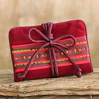 Cotton blend jewelry roll, 'Lisu Lines in Red' - Thai Hill Tribe Crafted Burgundy Cotton Blend Jewelry Roll