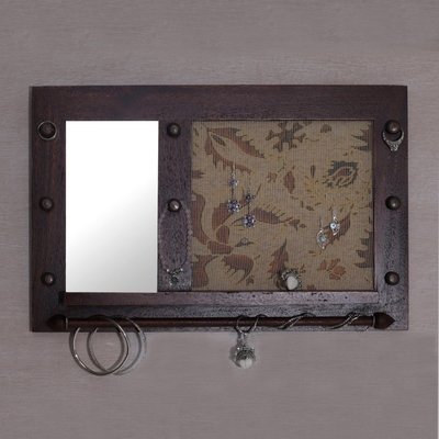 Wood wall mirror and jewelry rack, 'Bali Heritage in Brown' - Hand Made Wood Wall Mirror and Jewelry Rack Brown Indonesia