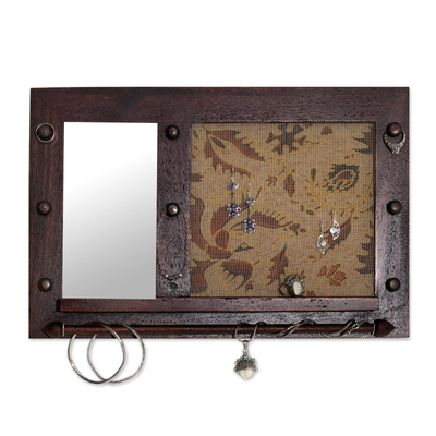 Wood wall mirror and jewelry rack, 'Bali Heritage in Brown' - Hand Made Wood Wall Mirror and Jewelry Rack Brown Indonesia