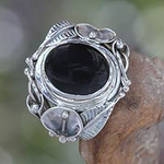 Women's Floral Sterling Silver and Onyx Cocktail Ring, 'Nest of Lilies'