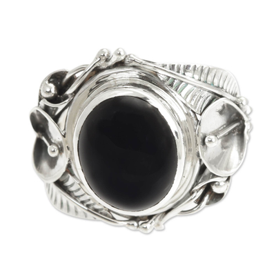 Onyx flower ring, 'Nest of Lilies' - Women's Floral Sterling Silver and Onyx Cocktail Ring