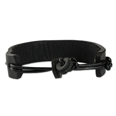Men's leather wristband bracelet, 'Stand Together in Black' - Men's Leather Wristband Bracelet