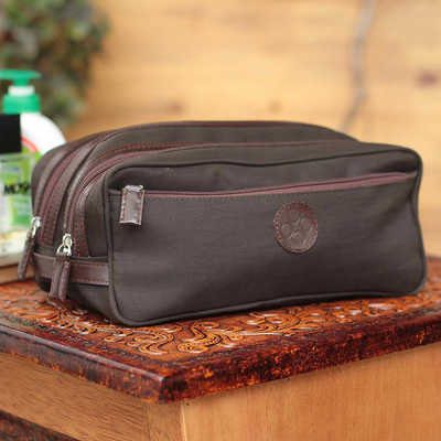 Men's leather accent cotton blend travel case, 'Andean Brown' - Fair Trade Men's Travel Toiletry Bag from Peru