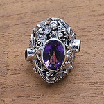 Unique Sterling Silver and Amethyst Cocktail Ring, 'Frangipani Butterfly'
