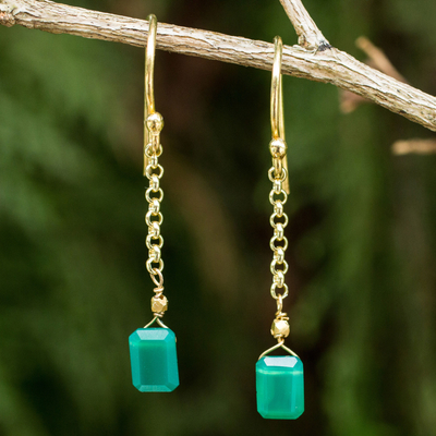 Gold vermeil onyx dangle earrings, 'Living Soul' - Thai Artisan Crafted 24k Gold Vermeil Green Onyx Earrings