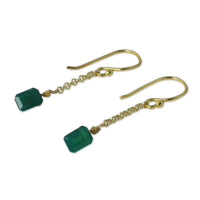 Gold vermeil onyx dangle earrings, 'Living Soul' - Thai Artisan Crafted 24k Gold Vermeil Green Onyx Earrings