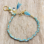 Blue Theme Gold Plated Cotton Bracelet and Multi Gem Charms, 'Blue is for Peace'