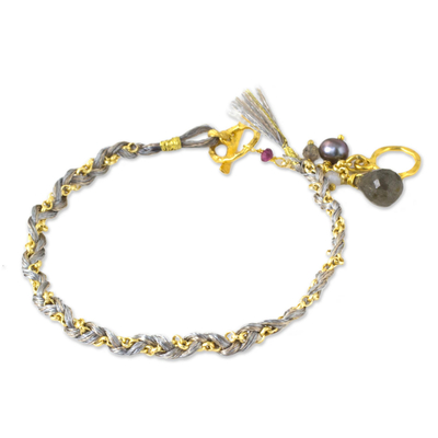 Gold plated multi-gemstone braided bracelet, 'Grey is for Balance' - Gold Plated Multi Gem Braided Bracelet from Thailand