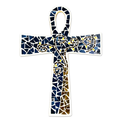 Ankh aus Glasmosaik - Blaues Glasmosaik-Ankh-Kreuz, handgefertigt in Mexiko