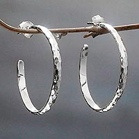 Sterling silver half hoop earrings, 'Mosaic in Sterling' - Hand Crafted Sterling Silver Half Hoop Earrings from Bali