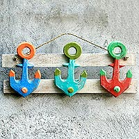 Wood coat rack, 'Three Anchors' - Artisan Crafted Nautical Theme Wooden Coat Rack from Bali